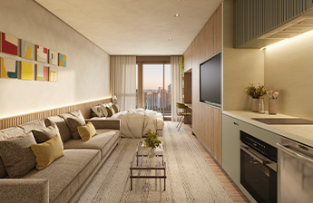 Perspectiva ilustrada do apto de 33m² - final 03 - studio. Unidade HMP*